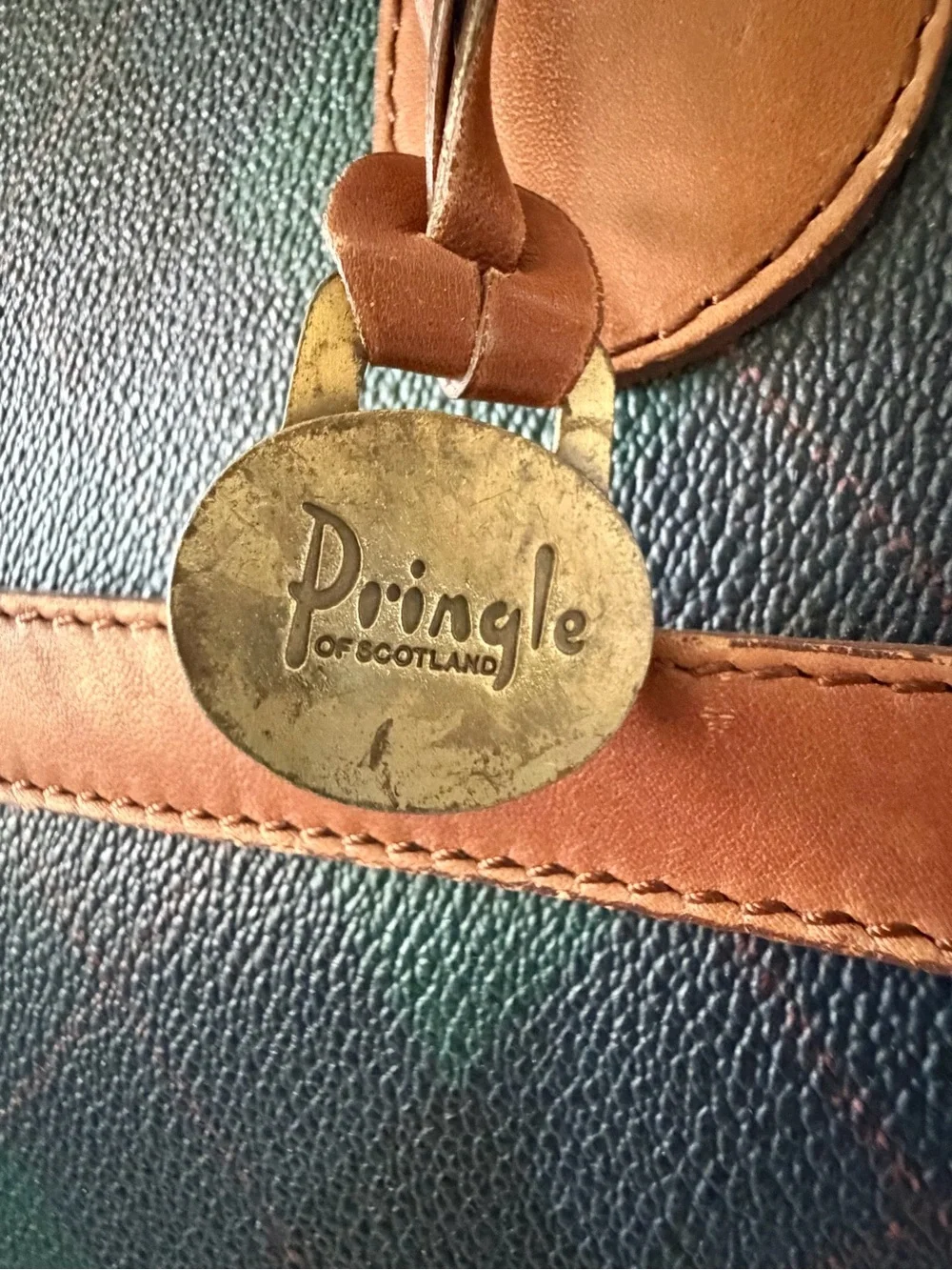 Pringle of Scotland VTG leather & coated canvas laptop bag, zip, brass, GUC
